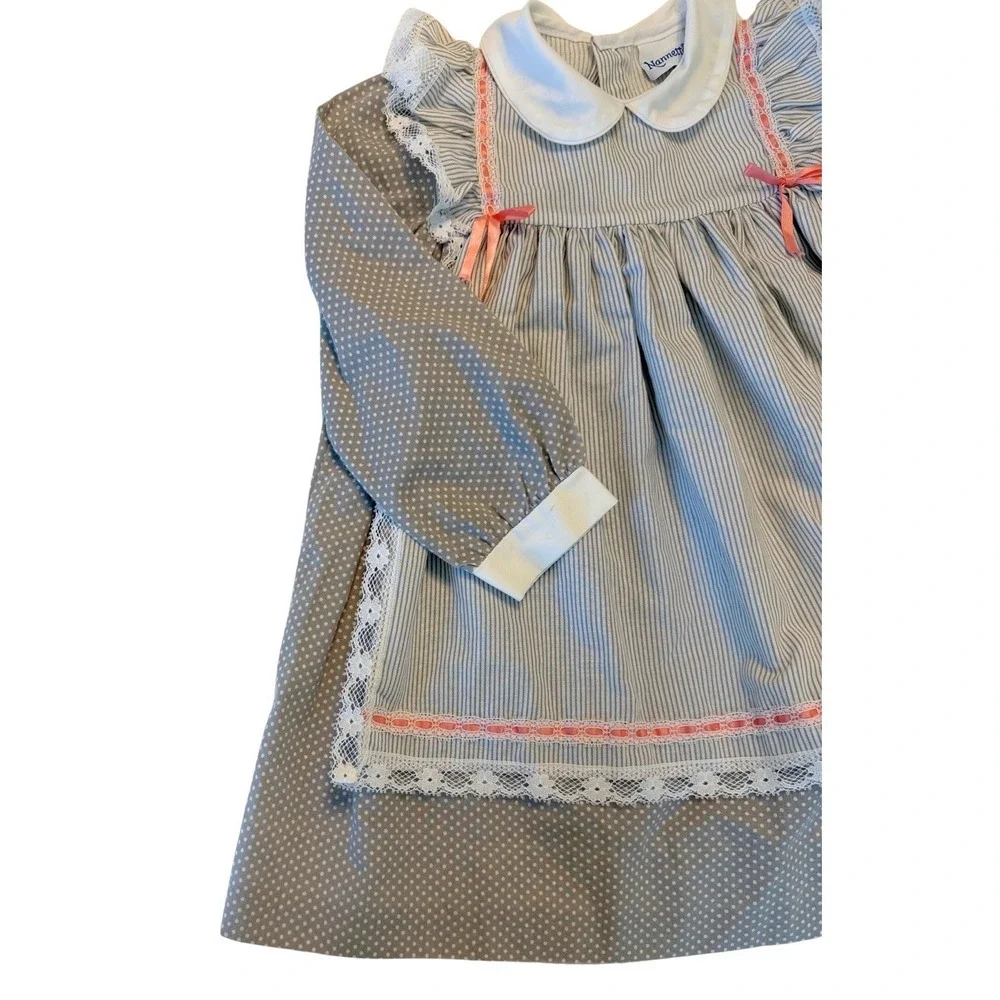 Nannette Girls Apron Dress Lace Gray Polka Dot 18–24 Months? Vintage
